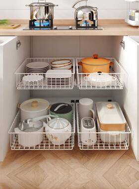 OF9D厨房免橱柜改dy拉篮抽拉滑轨抽屉式造CSK碗碟收纳i置物架网篮