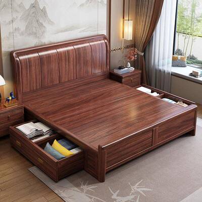 乌金木新中式实木床家双人1.8x2卧婚现代双人床用1.主5简约9926A
