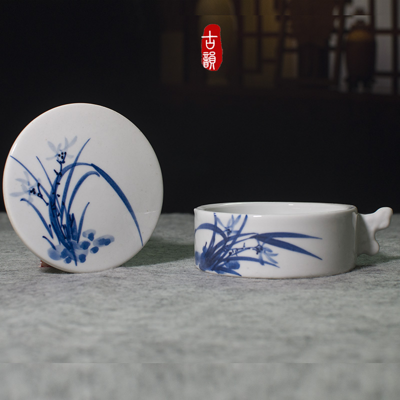 景德镇陶瓷手绘墨盒墨海文房四宝舔笔墨斗毛笔笔搁墨池砚台带盖