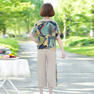 母亲节妈妈夏装雪纺套装洋气中老年女上衣中年短袖T恤50岁两件套