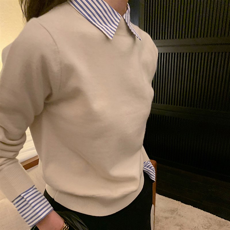 2023新款拼接衬衫领针织衫毛衣秋冬季打底衫假两件羊毛上衣套头女