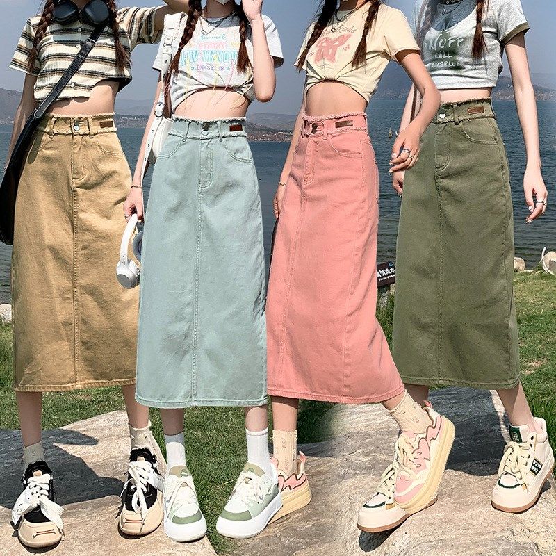 脏粉色牛仔半身裙女夏季春秋2025新款开叉中长款毛边高腰包臀裙子,女装/女士精品,半身裙,淘宝优惠券,粉丝福利购,淘宝优惠卷