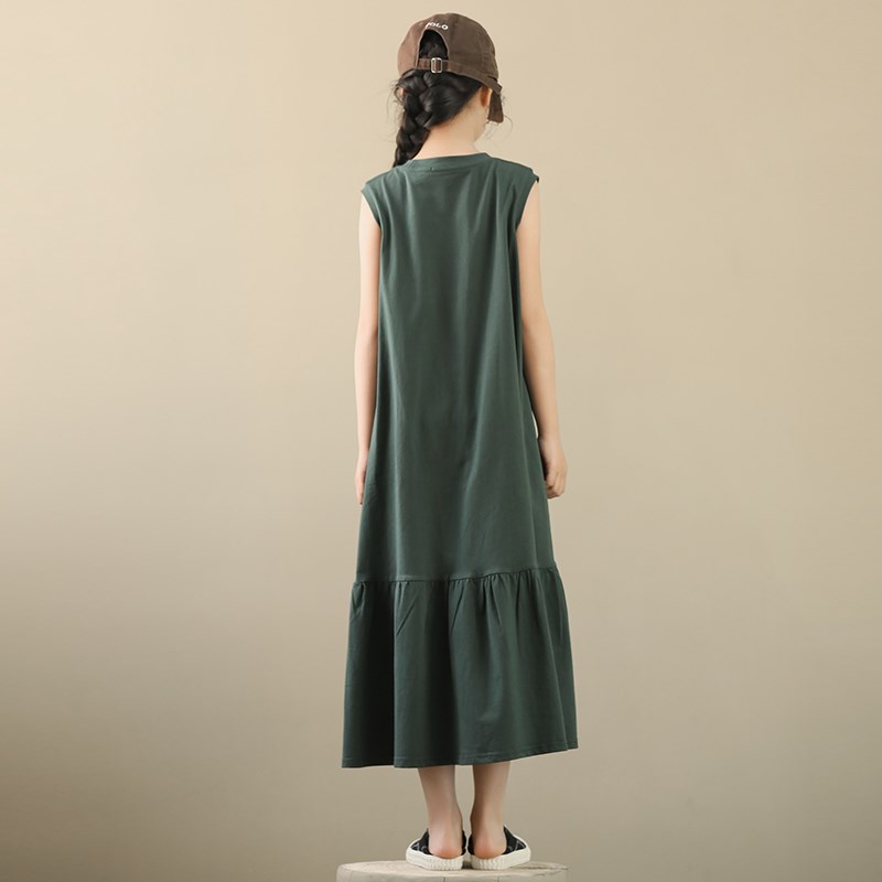 女童背心连衣裙夏季2024新款中大童无袖宽松纯棉休闲长裙女孩裙子