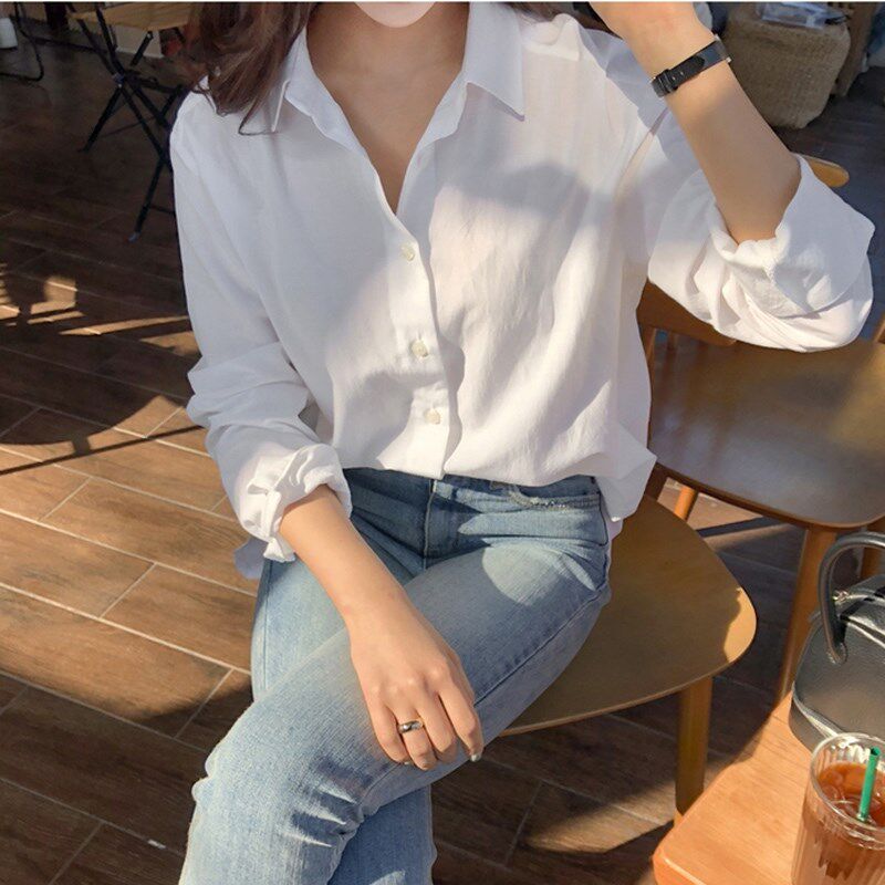 春秋新款长袖白色衬衫女纯棉百搭职业OL衬衣学生显瘦上衣打底衫潮