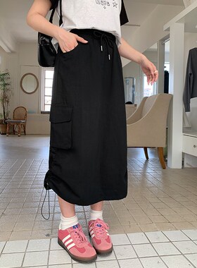 胖mm宽松两穿抽绳直筒工装裙大码女装高腰开叉休闲半身长裙32080