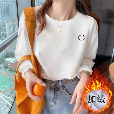 白色纯棉长袖t恤女秋冬季高级感时尚时髦洋气加绒内搭打底衫上衣