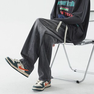 NASA美式直筒加绒牛仔裤男士秋冬季2024新款宽松阔腿休闲微喇裤