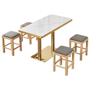 快餐桌椅实木凳子饭店小吃餐饮商用岩板金边奶茶店咖啡厅小圆方桌