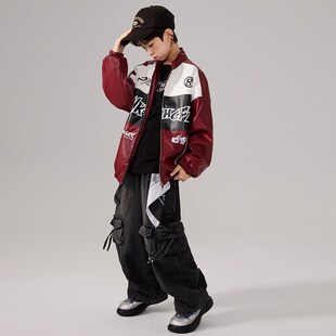 少儿街舞嘻哈男童hiphop机车皮衣外套夹克红色架子鼓元旦演出服酷