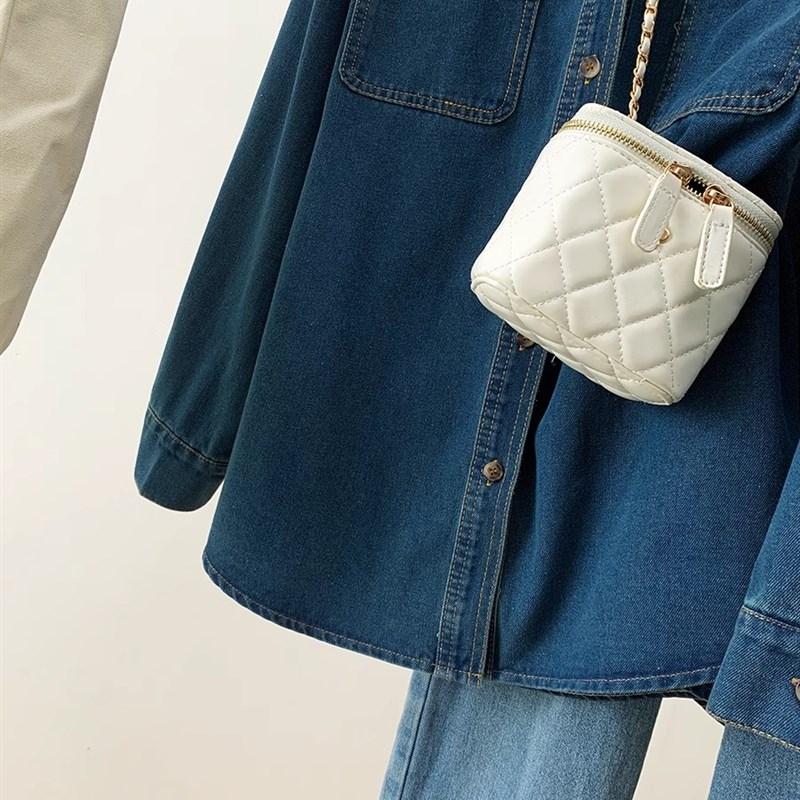 复古双口袋蓝色休闲牛仔衬衫女春秋小个子洋气bf风衬衣叠穿上衣潮