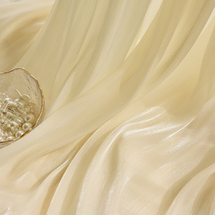 轻奢法式窗帘流光压皱纱帘透光不透人挂钩式奶油色窗帘卧室客厅