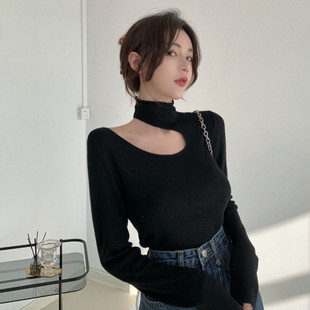 一体绒加绒加厚毛衣高领女装秋冬季针织衫内搭镂空露肩打底衫上衣