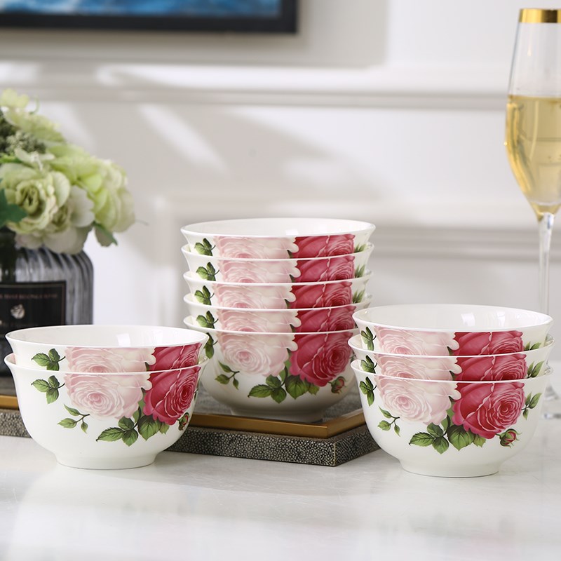 10个防烫家用陶瓷米饭碗粥碗组合套装唐山骨瓷中式4.5/5英寸瓷碗