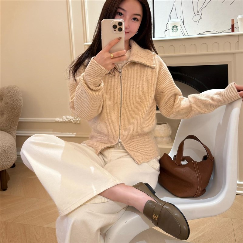 曹大曼 真丝羊毛双拉链休闲大翻领加厚毛衣显瘦针织开衫外套女