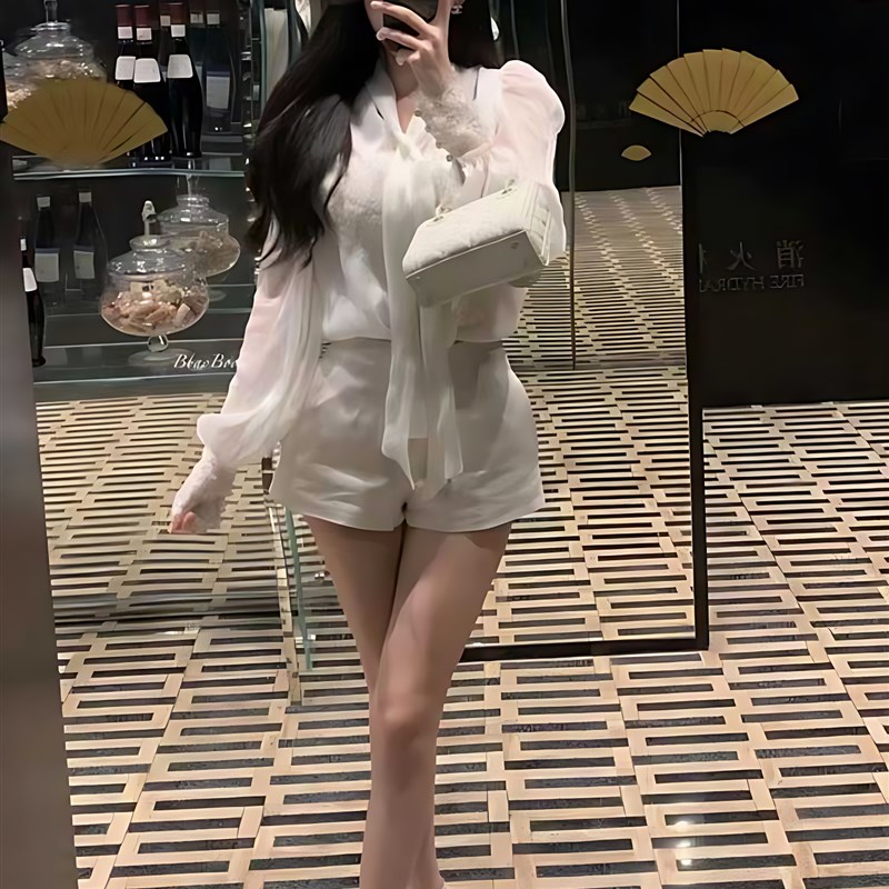 白色雪纺衬衫女2024春夏设计感蕾丝拼接内搭蝴蝶结高级感气质上衣