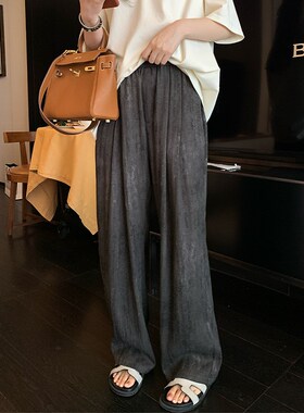 NAZ那子大码夏季新款松紧腰晕染显瘦阔腿裤胖mm宽松垂感直筒裤女