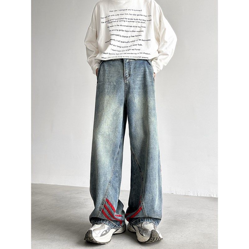 复古微喇黄泥蓝牛仔裤男生宽松直筒条纹拼接休闲做旧工装阔腿长裤
