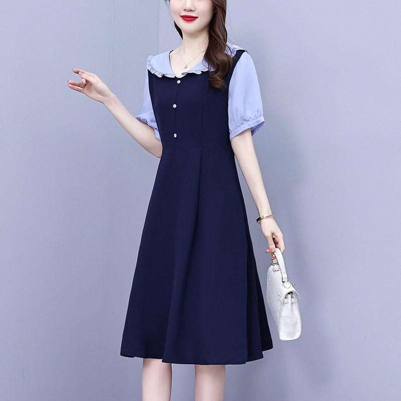 2024夏季简约时尚大码女装假两件荷叶V领胖mm洋气遮肚显瘦连衣裙