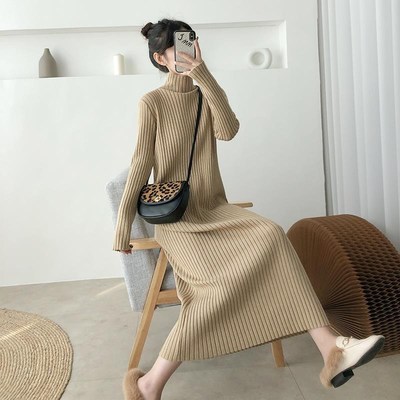 超长款毛衣裙过膝女秋冬新款高领打底内搭脚踝黑色针织连衣裙长裙