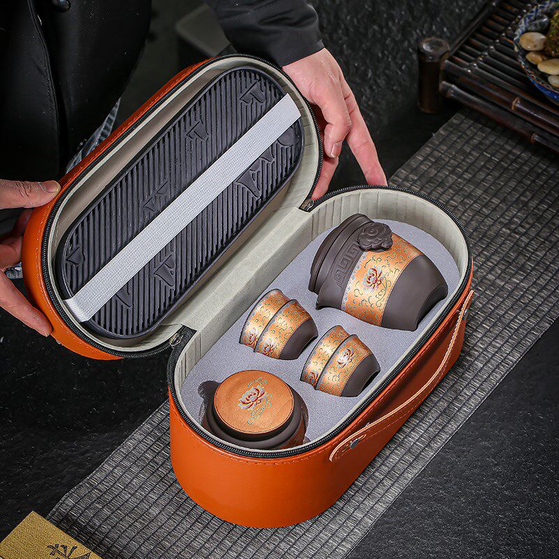 旅行功夫茶具套装便携式紫砂一壶四杯带茶叶罐茶盘快客杯简约泡茶