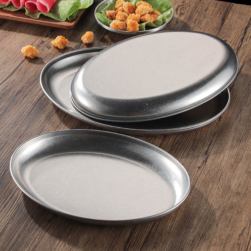 复古不锈钢椭圆盘旦形盘加深蛋形盘做旧工业风烧烤店小吃盘子菜盘