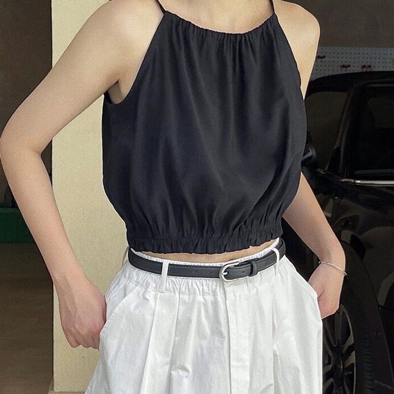 挂脖小吊带背心夏季薄款外穿黑色宽松显瘦松紧收口无袖削肩上衣女