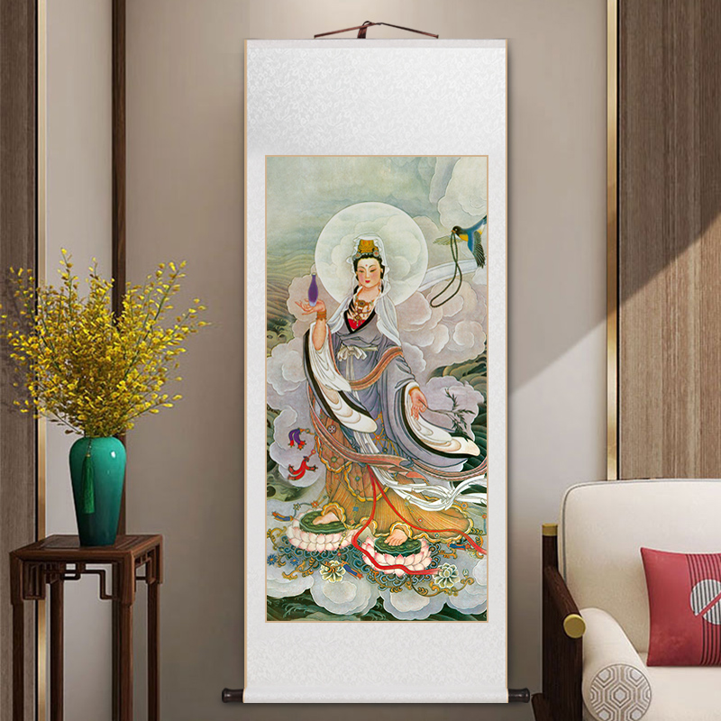 南海观世音菩萨画像玄关画送子观音娘娘卷轴挂画新中式客厅装饰画