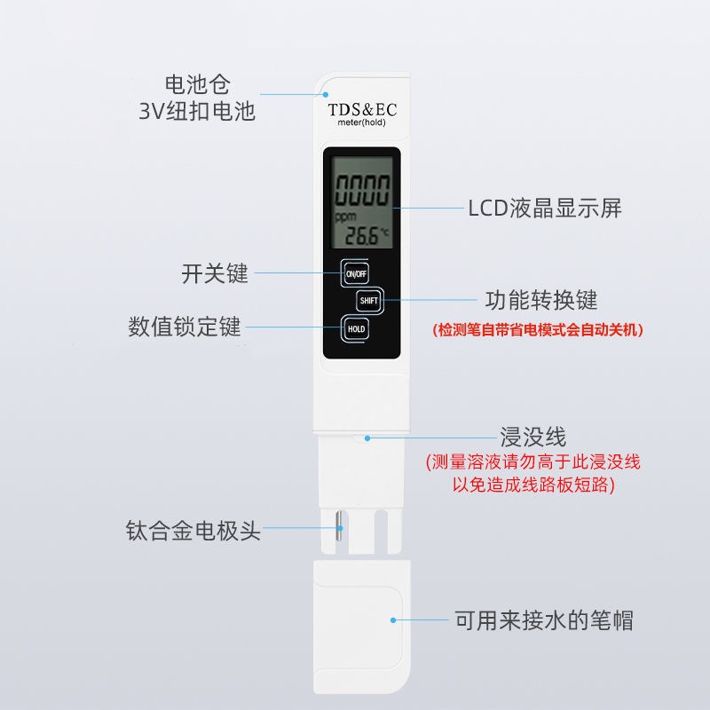TDS水质检测笔高精度饮用水家用净水器纯净自来水多功能水测试仪