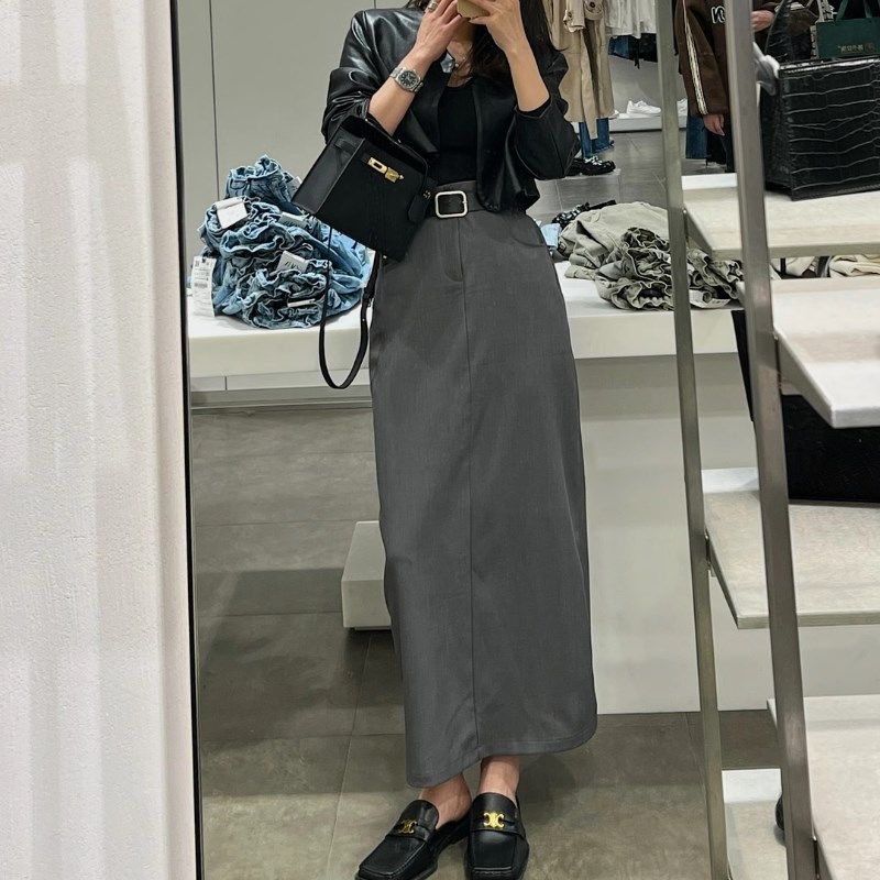 黑色西装半身裙女夏季中长款A字裙高腰百搭配腰带小个子开叉长裙