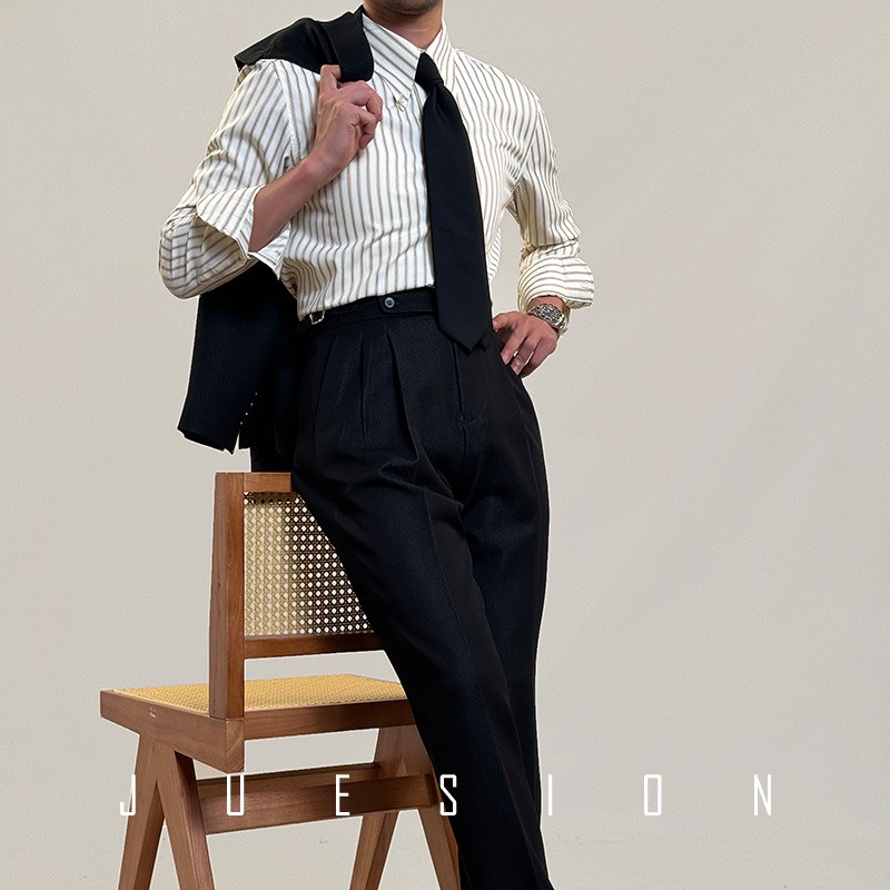 【棉质舒适】JUESION 春夏季新款条纹长袖衬衫帝国领修身男士衬衣
