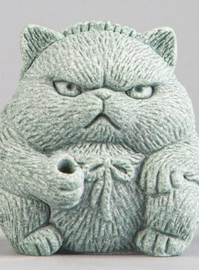 青砂石猫钓鱼茶宠鱼缸造景中式居家办公创意国潮精品动物装饰摆件