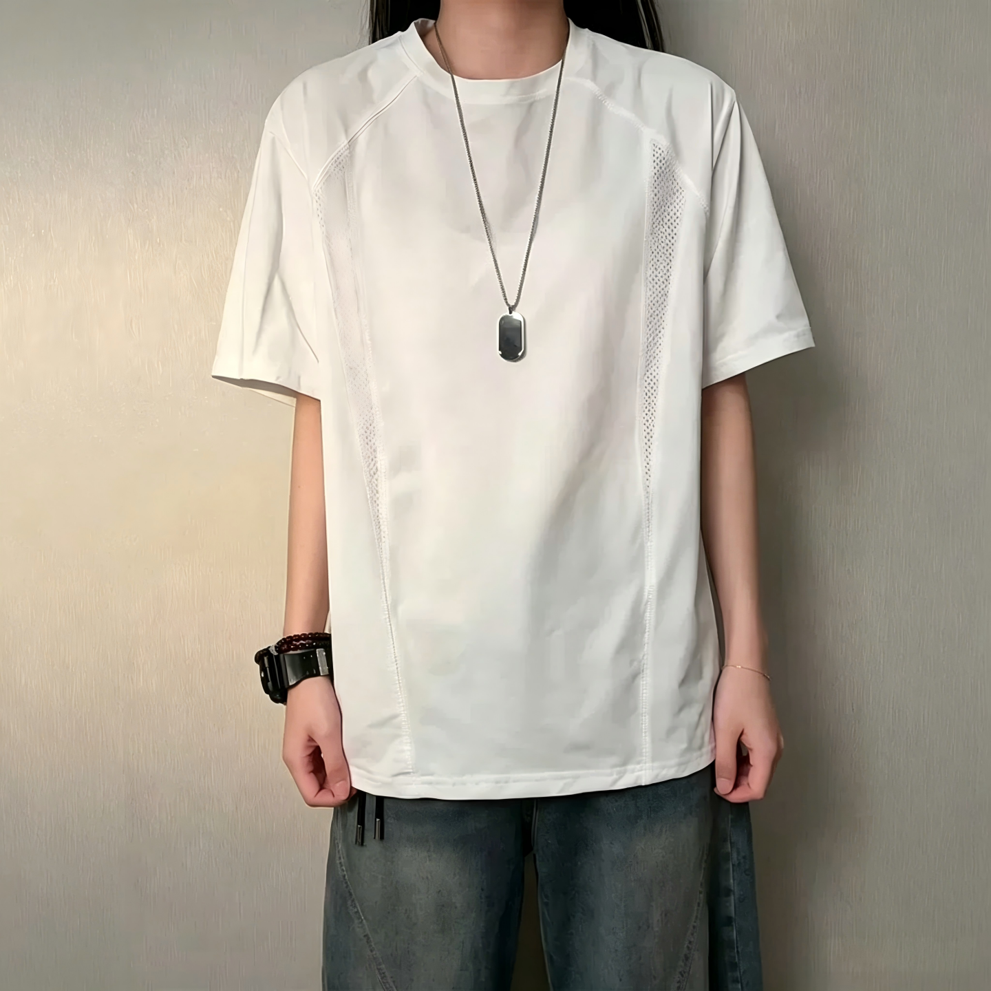 螺纹拼接网眼速干短袖男款夏季透气运动上衣潮牌美式正肩半袖T恤