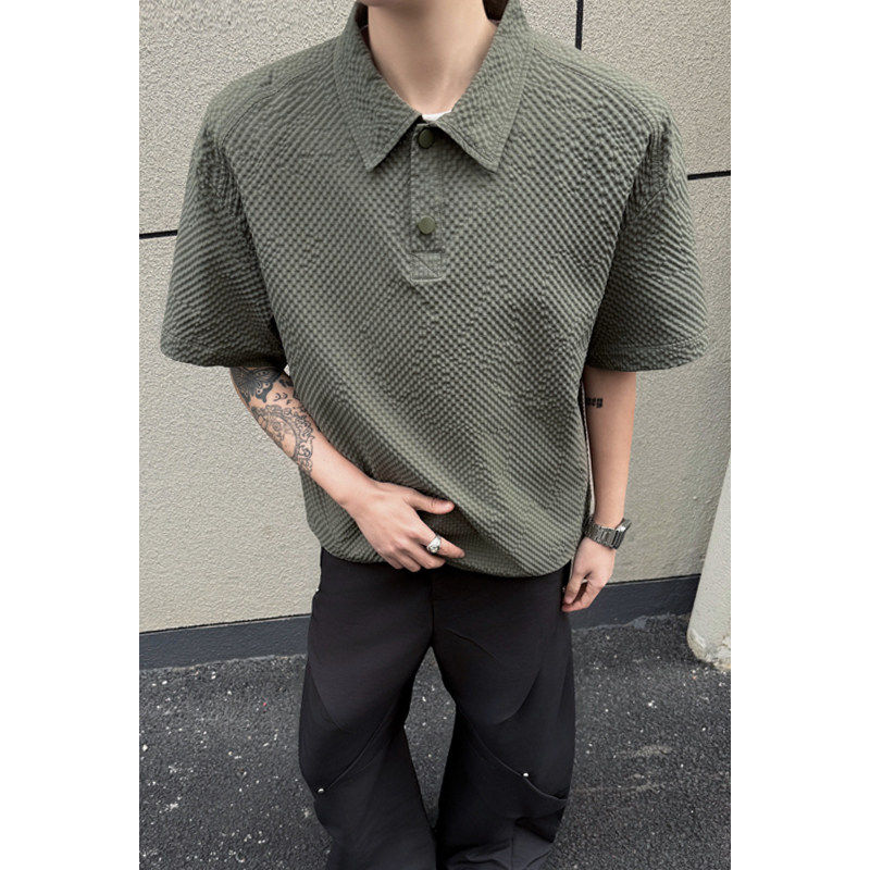 美式正肩短袖polo衫男款夏季重磅衬衫翻领T恤插肩cleanfit半袖