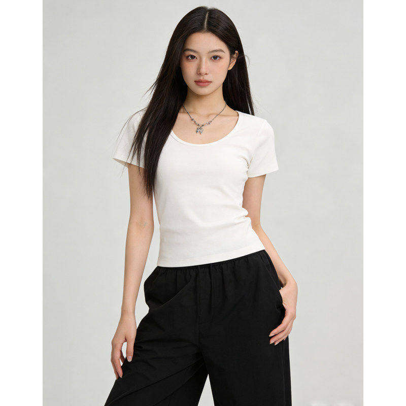 zptx白色U领正肩短袖t恤女夏设计感修身显瘦内搭打底上衣休闲修身