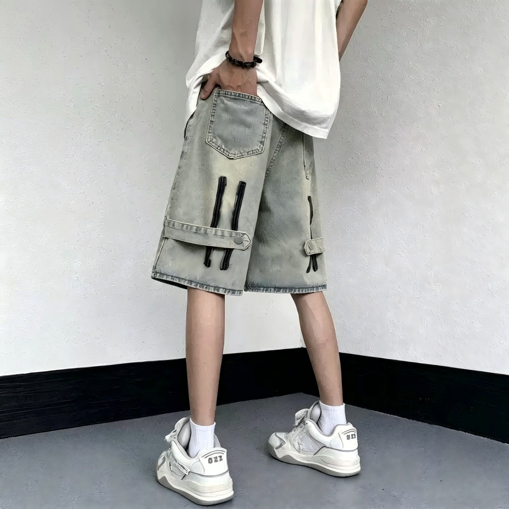 美式复古黄泥染牛仔短裤男夏季薄款潮牌工装裤子设计感小众五分裤