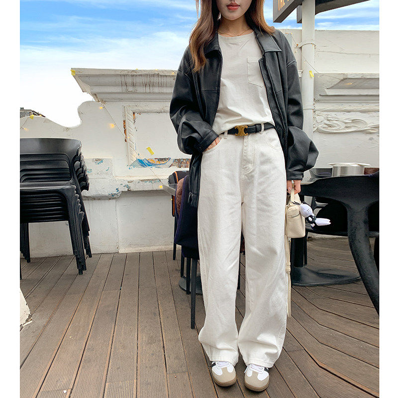 zptx白色窄版阔腿牛仔裤女春秋高腰宽松垂感显瘦高腰直筒裤拖地