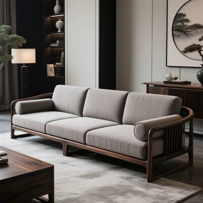 新中式北美黑胡桃木实木沙发布艺沙发客厅宋氏美学直排三人位沙发