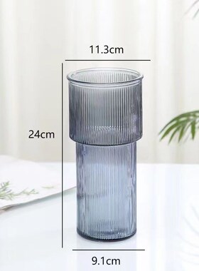 北欧创意简约竖纹高款花瓶客厅摆件装饰品轻奢透明水晶玻璃花瓶