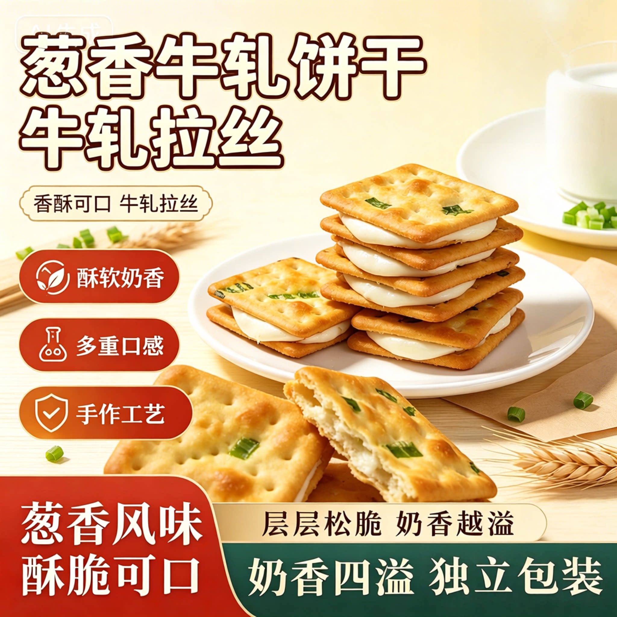 葱香手撕牛轧饼苏打夹心饼干小包装棉花糖牛轧糖办公室解馋小零食