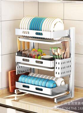 304不锈台钢沥碗架厨房置物架碗碟晾碗面三ANS层双层筷收纳水放碗