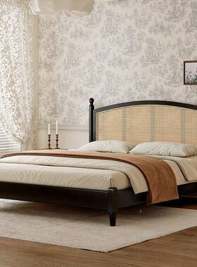 实木床藤编床宿侘寂复具古风卧室家主卧室黑色1.5双m1.8米民MMF人