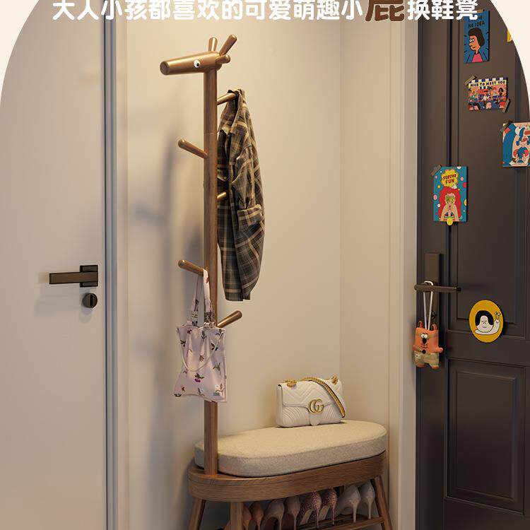 挂实木小鹿换鞋凳无品牌/衣架坐一体家用门口可鞋柜穿鞋子凳入户