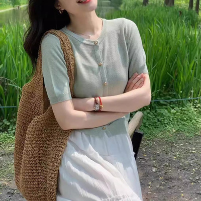 法式圆领冰丝针织开衫短袖女夏季2025新款修身防晒薄款外套短上衣