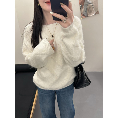 超好看杏色毛衣女秋冬2024新款慵懒风软糯宽松圆领钉珠针织衫上衣