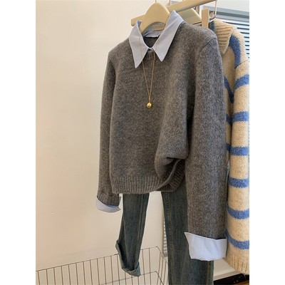 KANING灰色假两件套头针织衫女2025秋季新款polo领长袖毛衣内搭