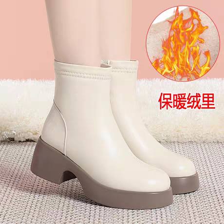 软底白色短靴女2026新款瘦瘦切尔西厚底靴子加绒棉鞋皮鞋女鞋秋冬