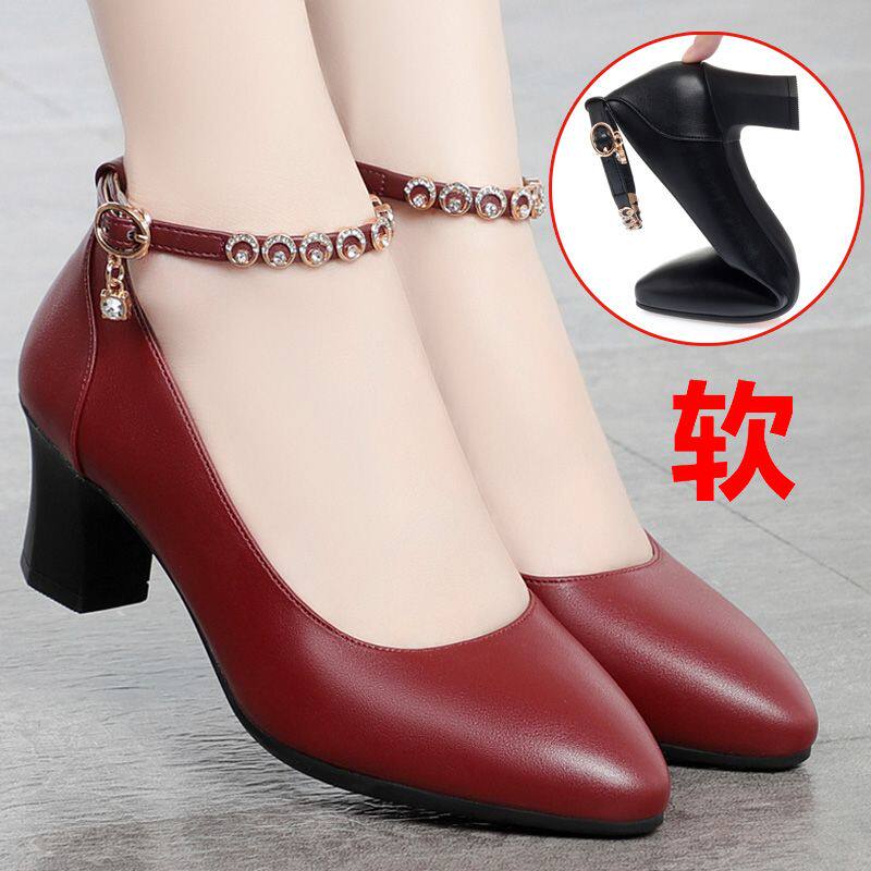 真皮高跟一字扣跳舞鞋红色妈妈鞋喜婆婆鞋皮鞋单鞋旗袍鞋女鞋春秋