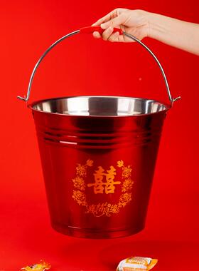 结婚喜桶新桶娘带陪嫁不桶锈钢F97JS9T8盖红婚庆水子孙桶红色铁桶