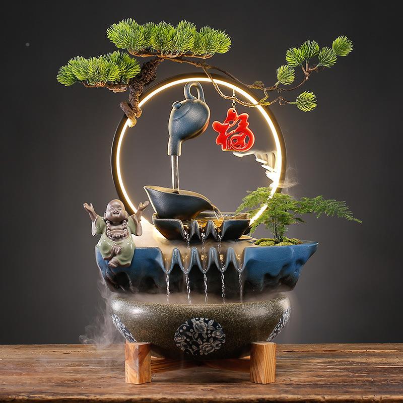 创意水车EGT景陶瓷流居水招家财鱼缸摆件循造环水泵客厅装饰开业