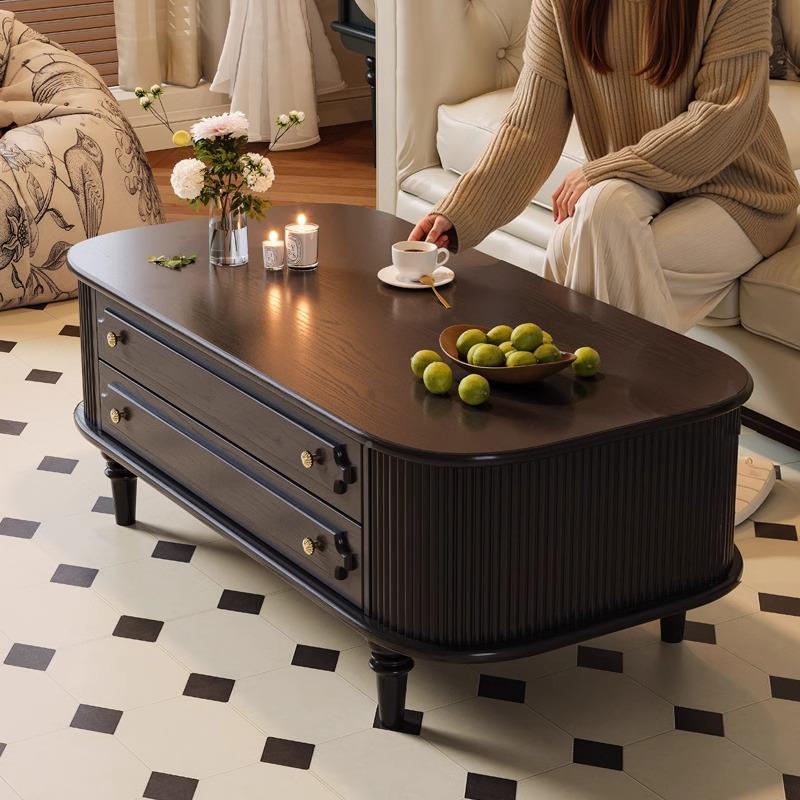 复法式古实木茶几客厅家小用户型黑色茶桌子高诺森茶几档美古式中